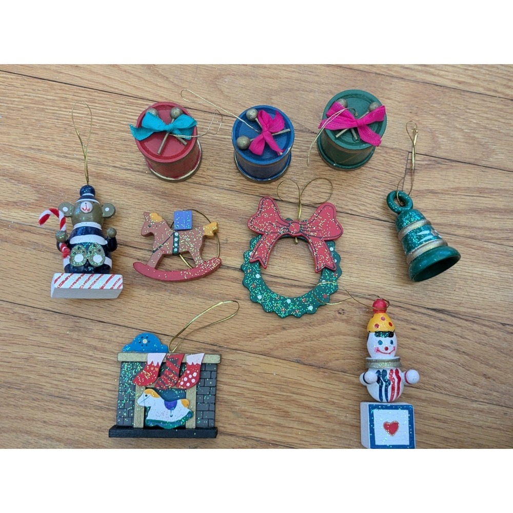 Vintage Wooden Christmas Ornament Lot Folk Art Primitive Holiday Decor Bells
